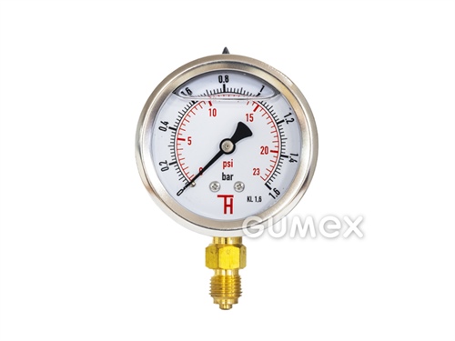 Manometer glycerínový so spodným vývodom, priemer 63mm, vonkajší závit G 1/4", 0-1,6bar, trieda presnosti 1,6%, priezor akryl, púzdro nerezová oceľ, -40°C/+60°C